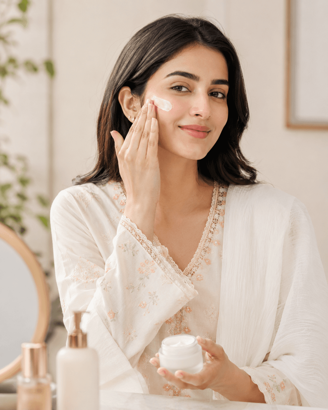 Pakistani woman applying facial moisturizer